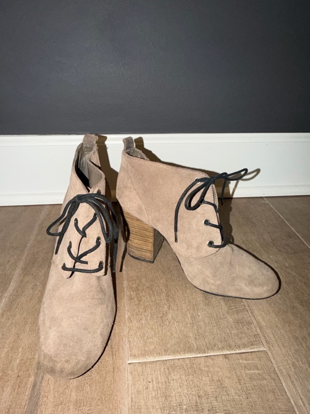 BCBGeneration Taupe Suede Lace-Up Block Heel Boots